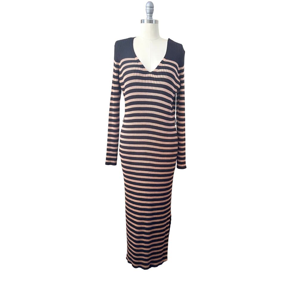 Lane Bryant 18/20 Plus Ribbed Knit Sweater Dress Black Tan Stripes Maxi